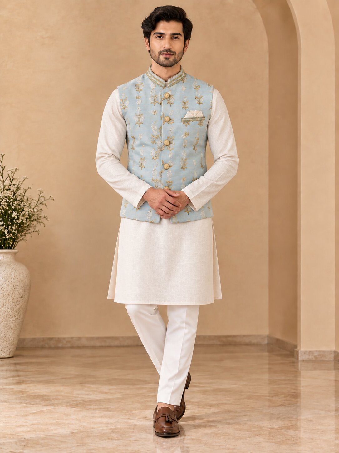 Sky Blue Printed Nehru Jacket Bundi