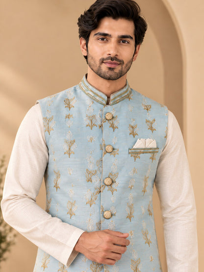 Sky Blue Printed Nehru Jacket Bundi
