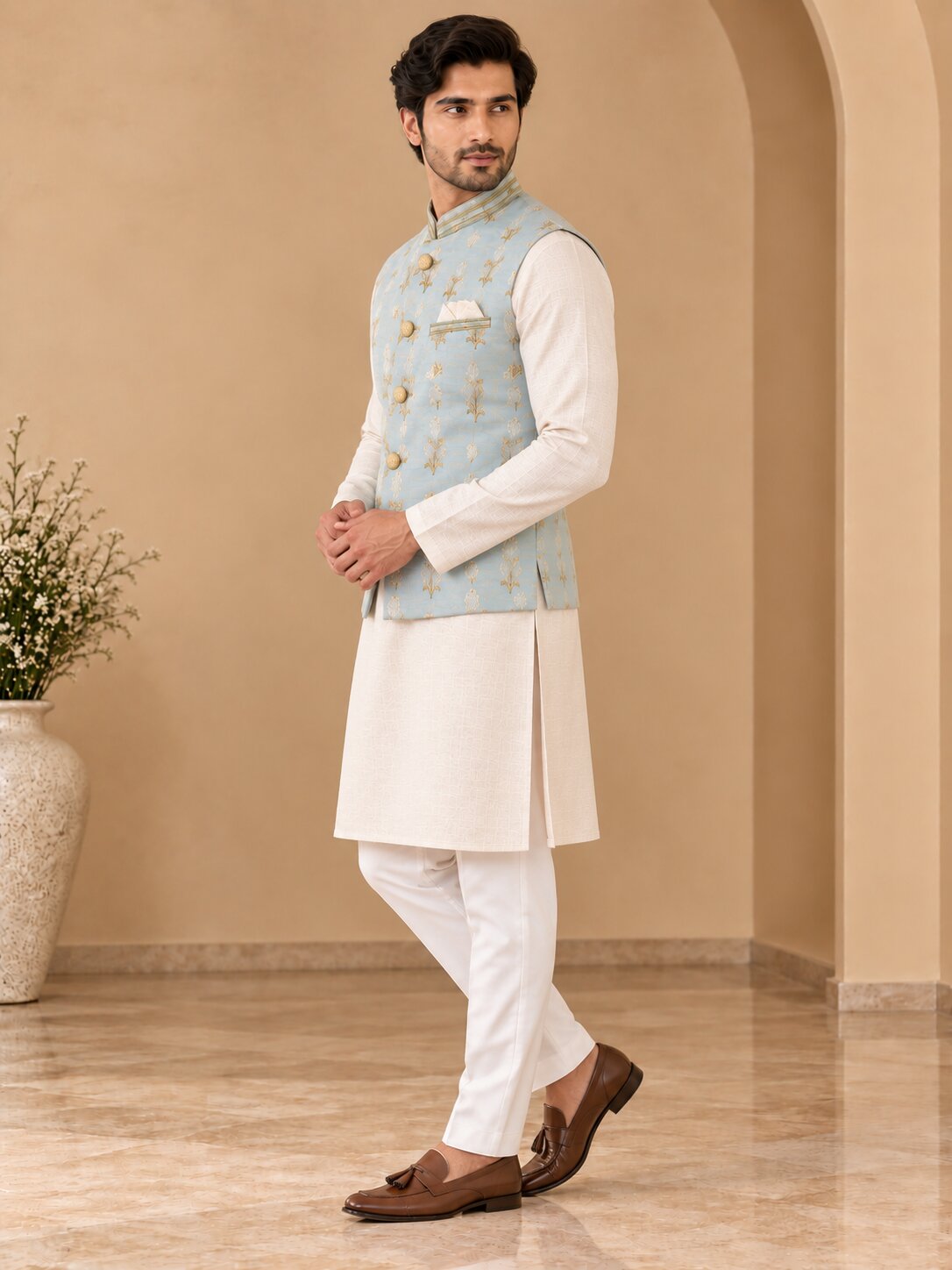 Sky Blue Printed Nehru Jacket Bundi