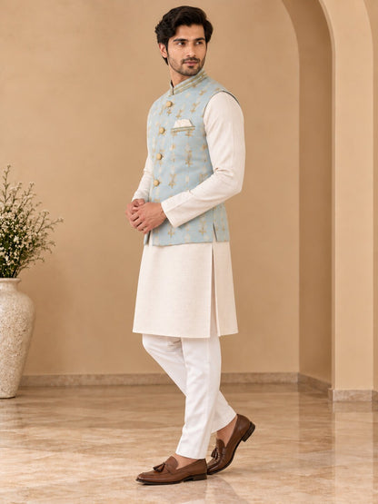 Sky Blue Printed Nehru Jacket Bundi