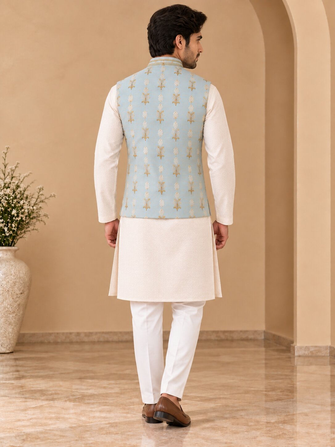 Sky Blue Printed Nehru Jacket Bundi
