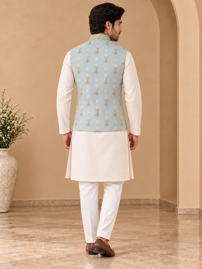 Sky Blue Printed Nehru Jacket Bundi
