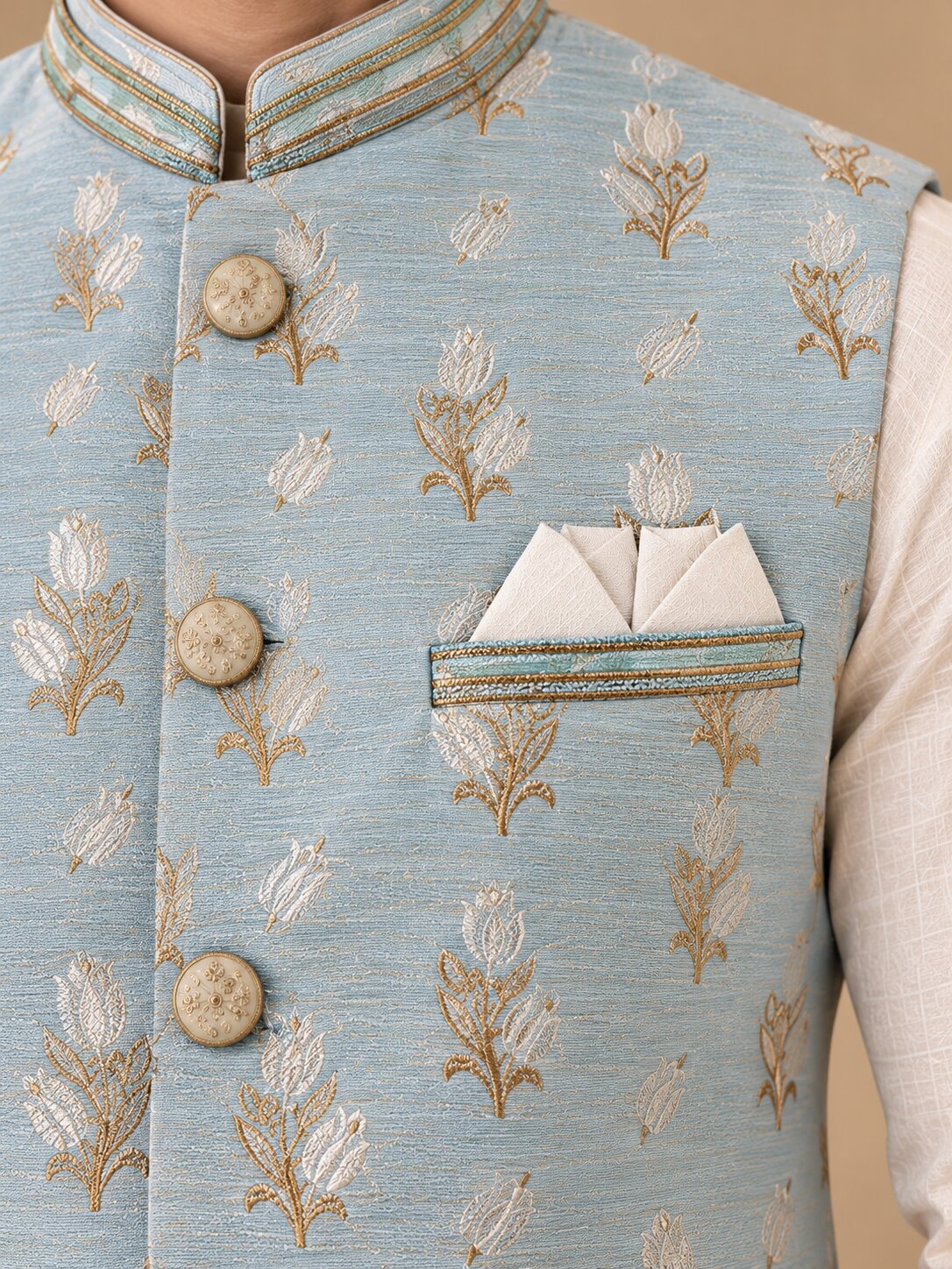 Sky Blue Printed Nehru Jacket Bundi