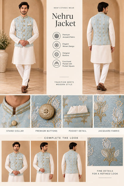 Sky Blue Printed Nehru Jacket Bundi