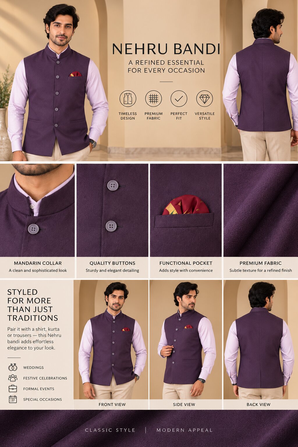 Men’s Purple Nehru Jacket Bundi