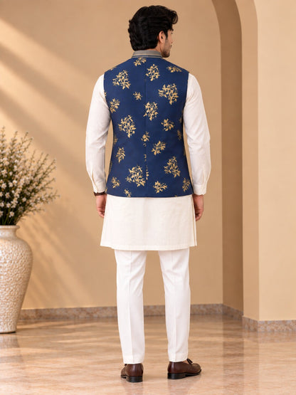 Navy Blue Printed Nehru Jacket Bundi for Men