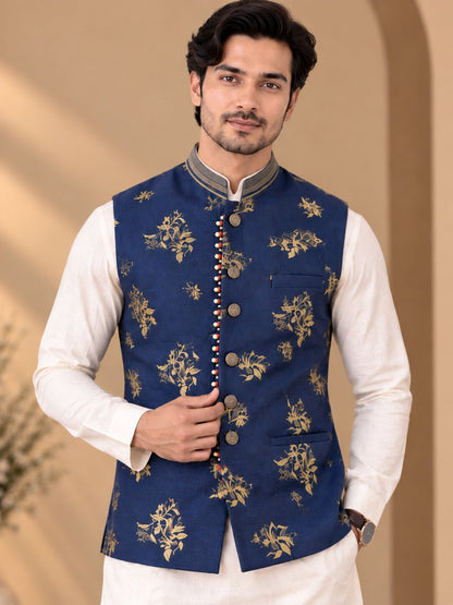 Navy Blue Printed Nehru Jacket Bundi for Men