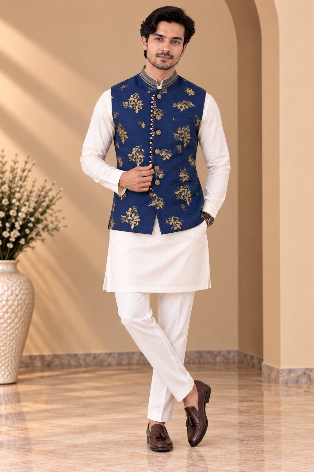 Navy Blue Printed Nehru Jacket Bundi for Men