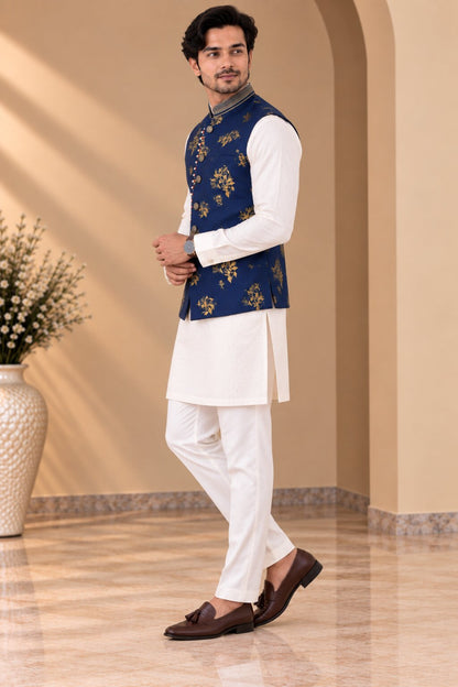 Navy Blue Printed Nehru Jacket Bundi for Men