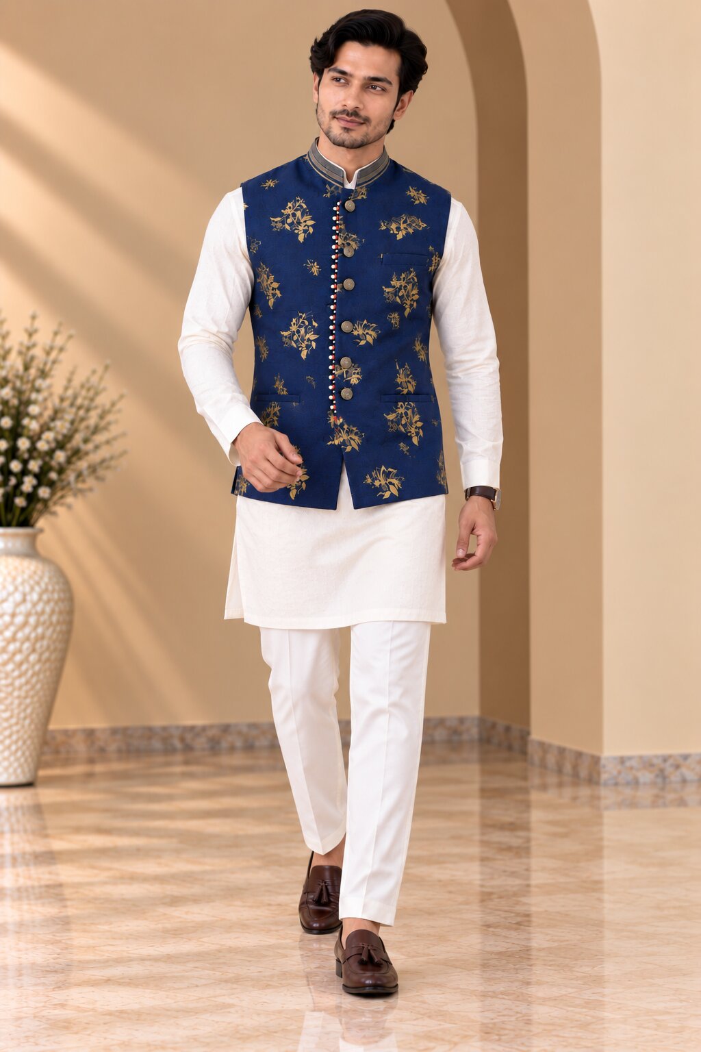 Navy Blue Printed Nehru Jacket Bundi for Men