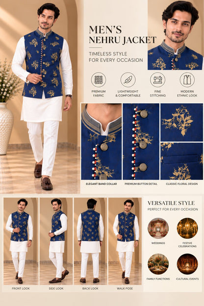 Navy Blue Printed Nehru Jacket Bundi for Men