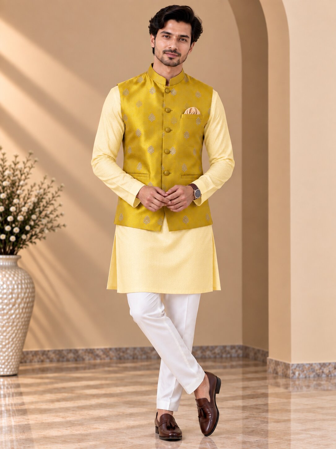 Men Yellow Printed Nehru Jacket Bundi