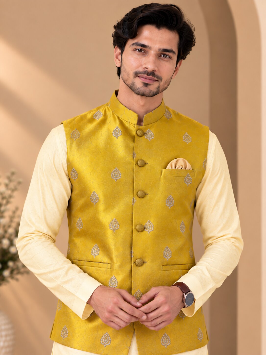 Men Yellow Printed Nehru Jacket Bundi