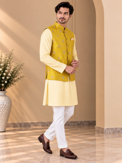 Men Yellow Printed Nehru Jacket Bundi
