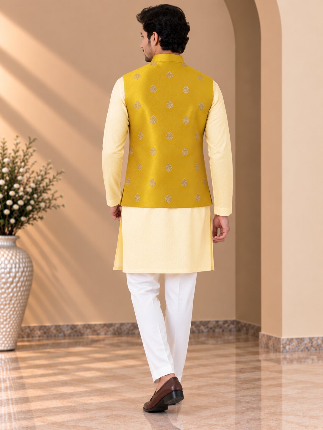 Men Yellow Printed Nehru Jacket Bundi