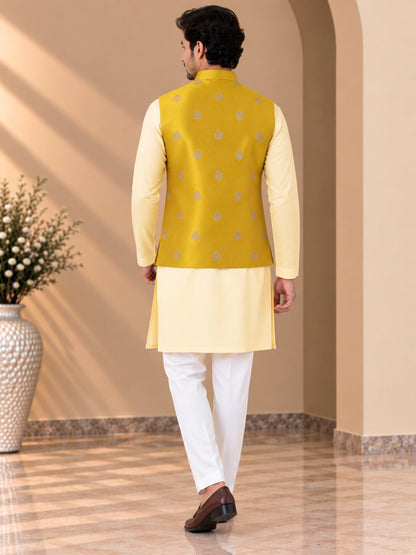 Men Yellow Printed Nehru Jacket Bundi