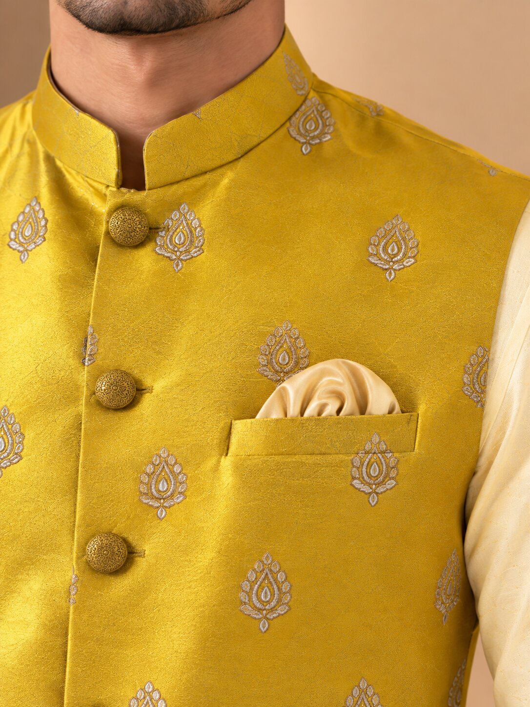Men Yellow Printed Nehru Jacket Bundi