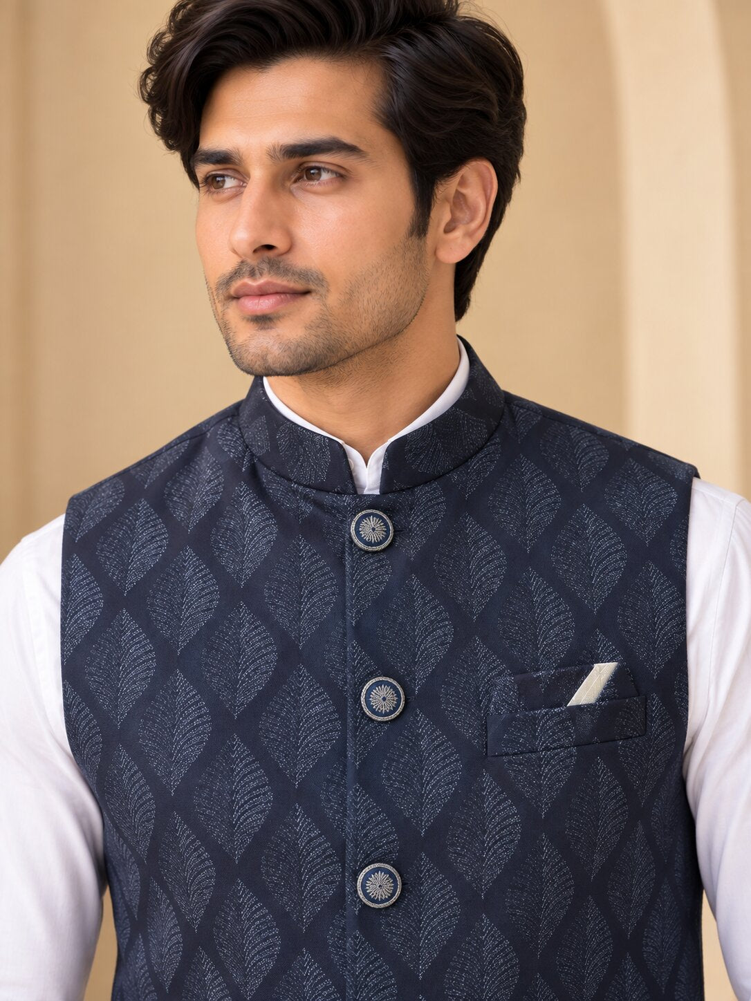 Blue Patterned Nehru Jacket Bundi for Men