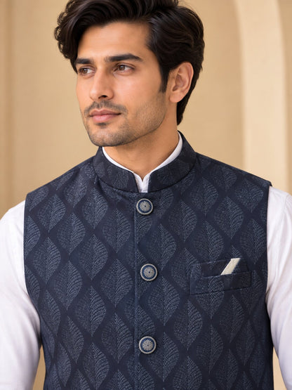 Blue Patterned Nehru Jacket Bundi for Men