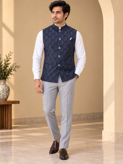 Blue Patterned Nehru Jacket Bundi for Men