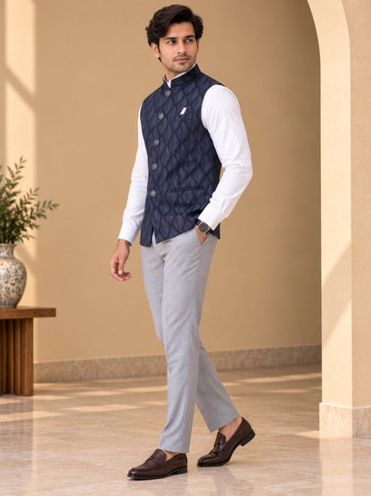 Blue Patterned Nehru Jacket Bundi for Men