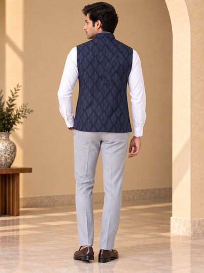 Blue Patterned Nehru Jacket Bundi for Men
