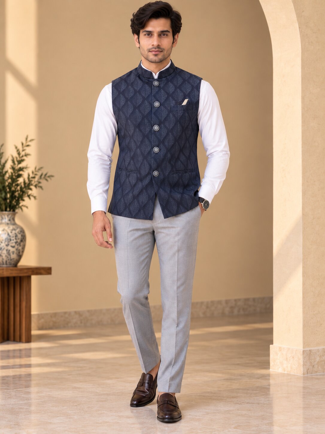 Blue Patterned Nehru Jacket Bundi for Men