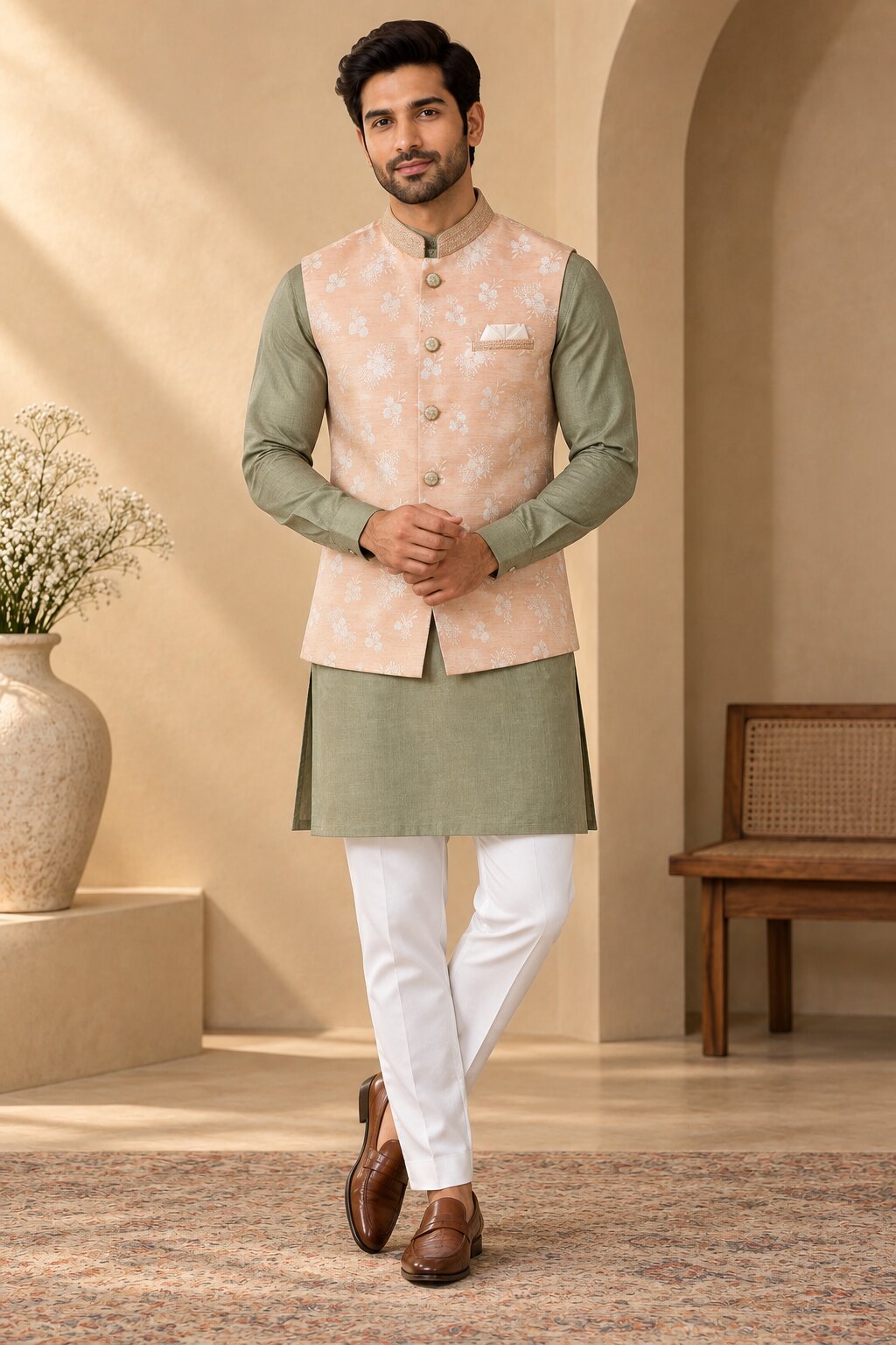 Men’s Peach Floral Nehru Jacket Bundi