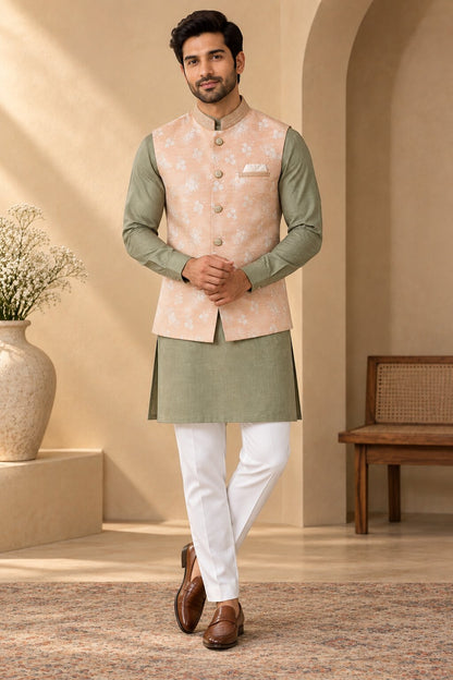Men’s Peach Floral Nehru Jacket Bundi