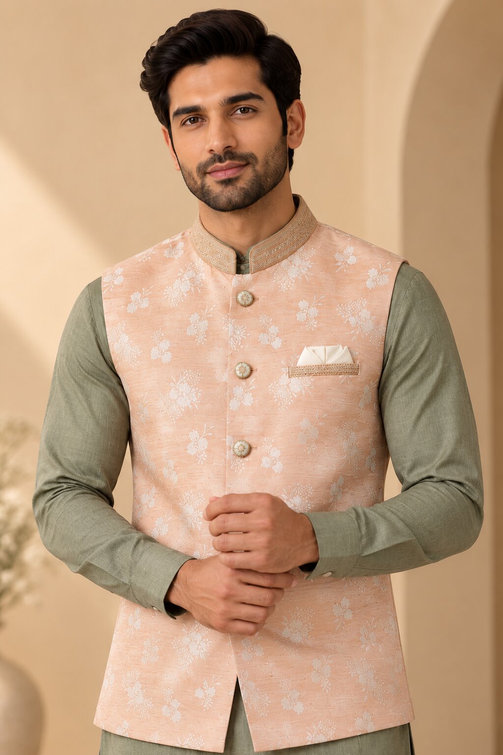 Men’s Peach Floral Nehru Jacket Bundi