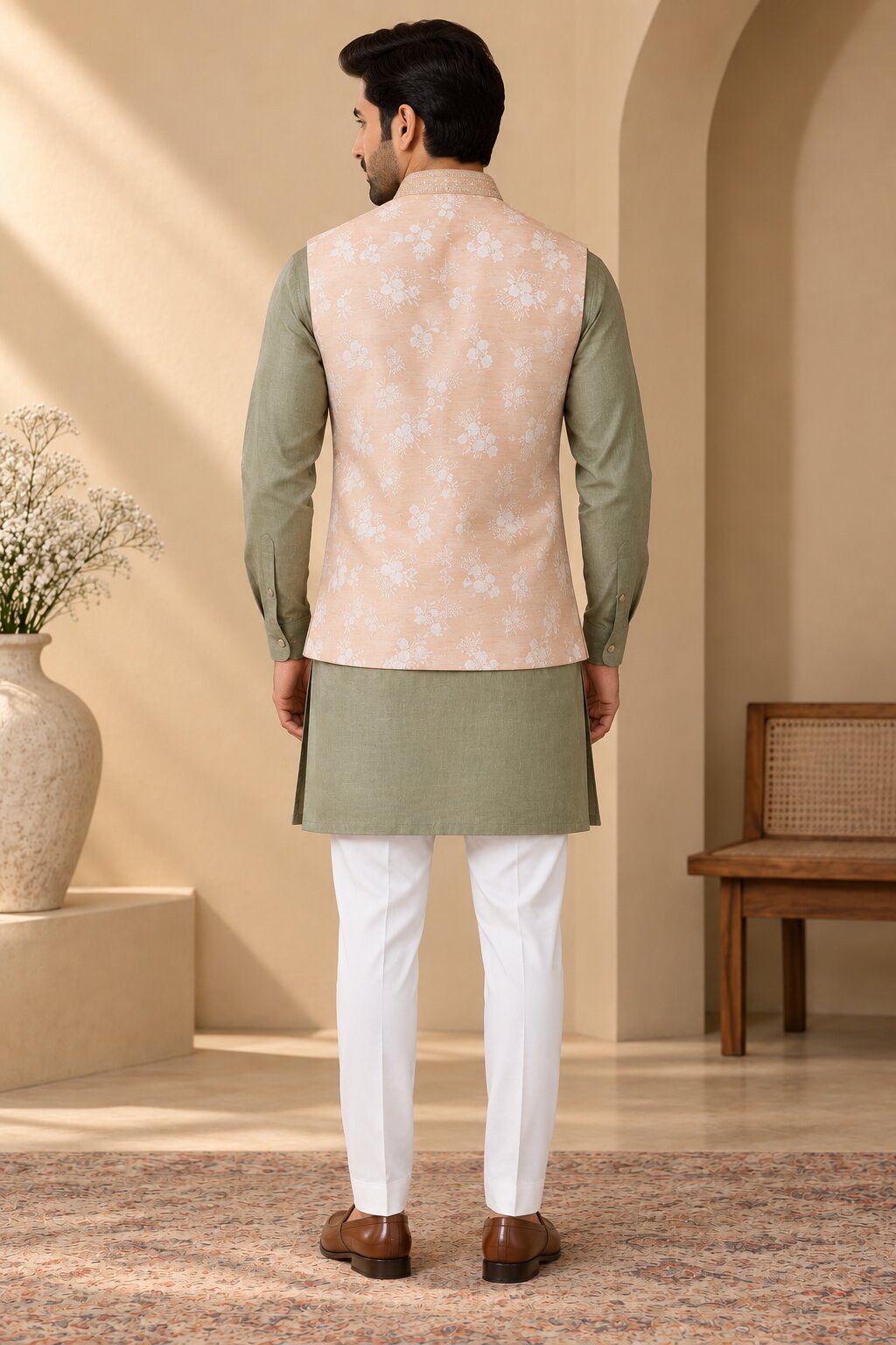 Men’s Peach Floral Nehru Jacket Bundi