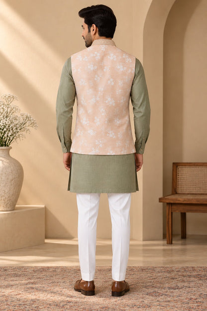 Men’s Peach Floral Nehru Jacket Bundi