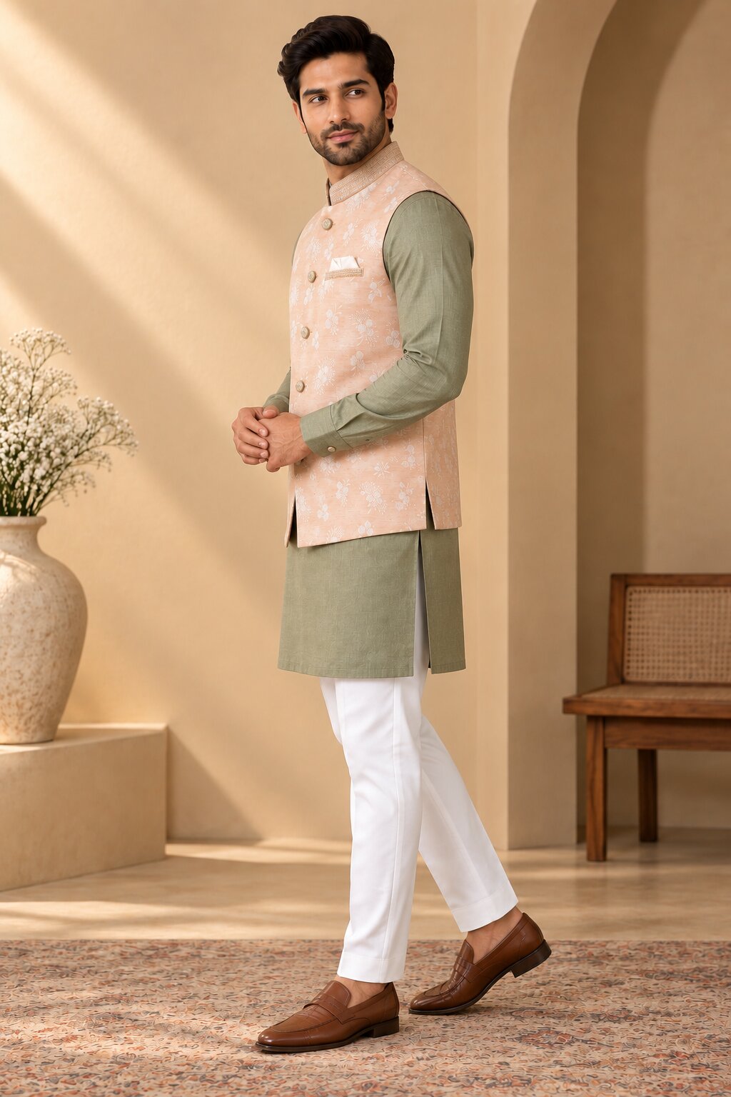 Men’s Peach Floral Nehru Jacket Bundi