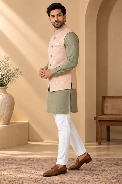 Men’s Peach Floral Nehru Jacket Bundi