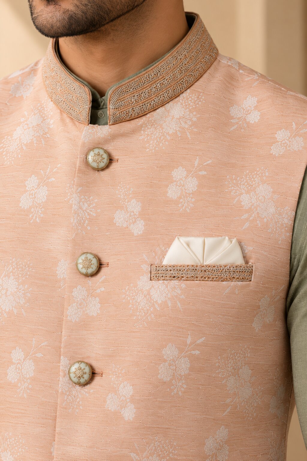 Men’s Peach Floral Nehru Jacket Bundi