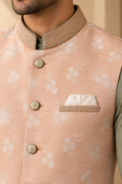 Men’s Peach Floral Nehru Jacket Bundi