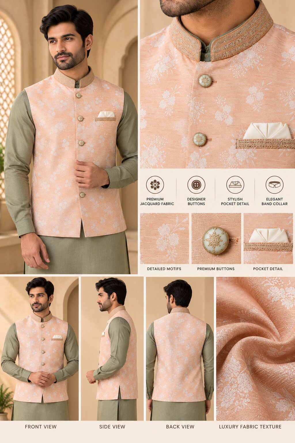 Men’s Peach Floral Nehru Jacket Bundi