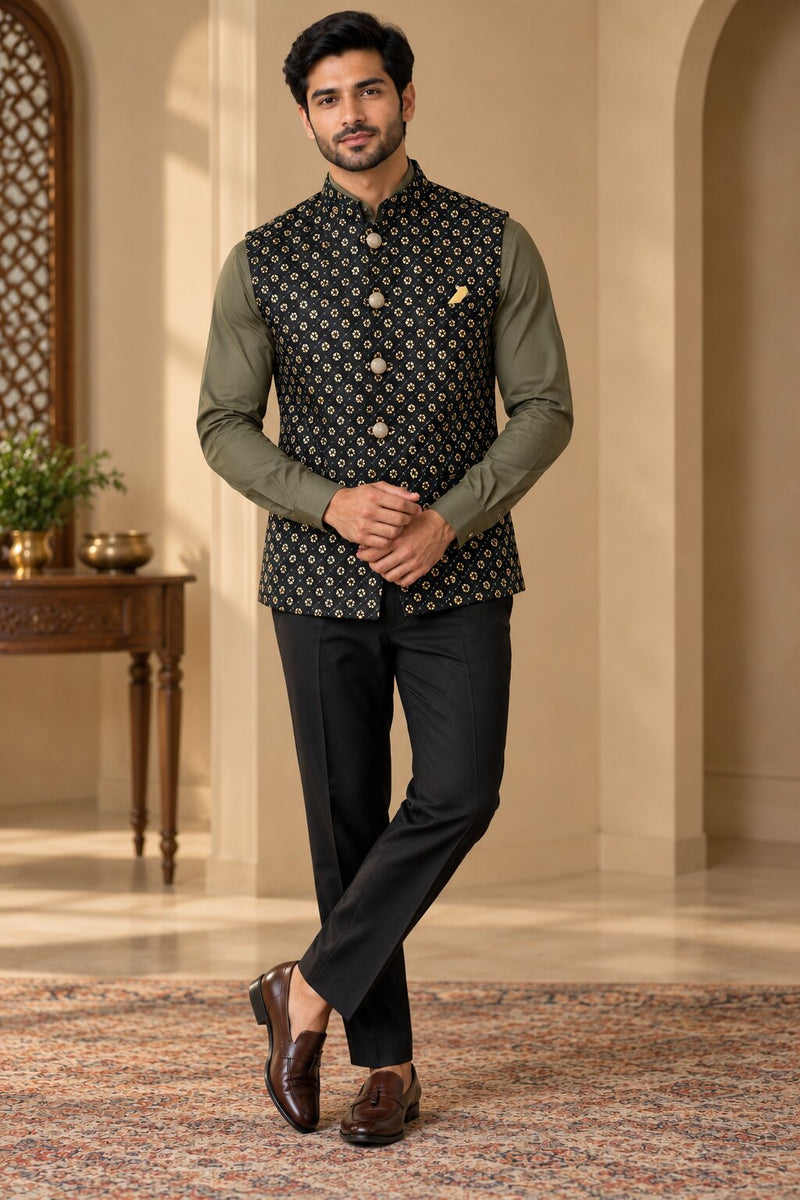 Men’s Black Printed Nehru Jacket Bundi