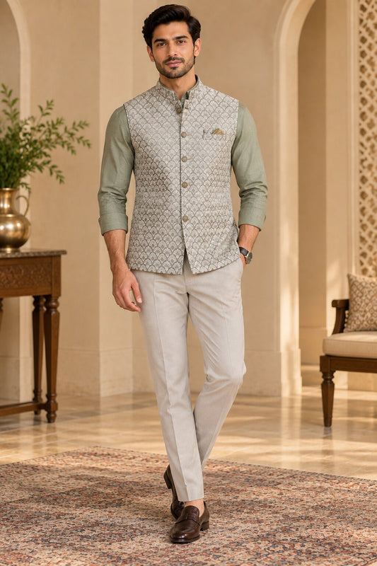 Men’s Light Pista Printed Nehru Jacket Bundi