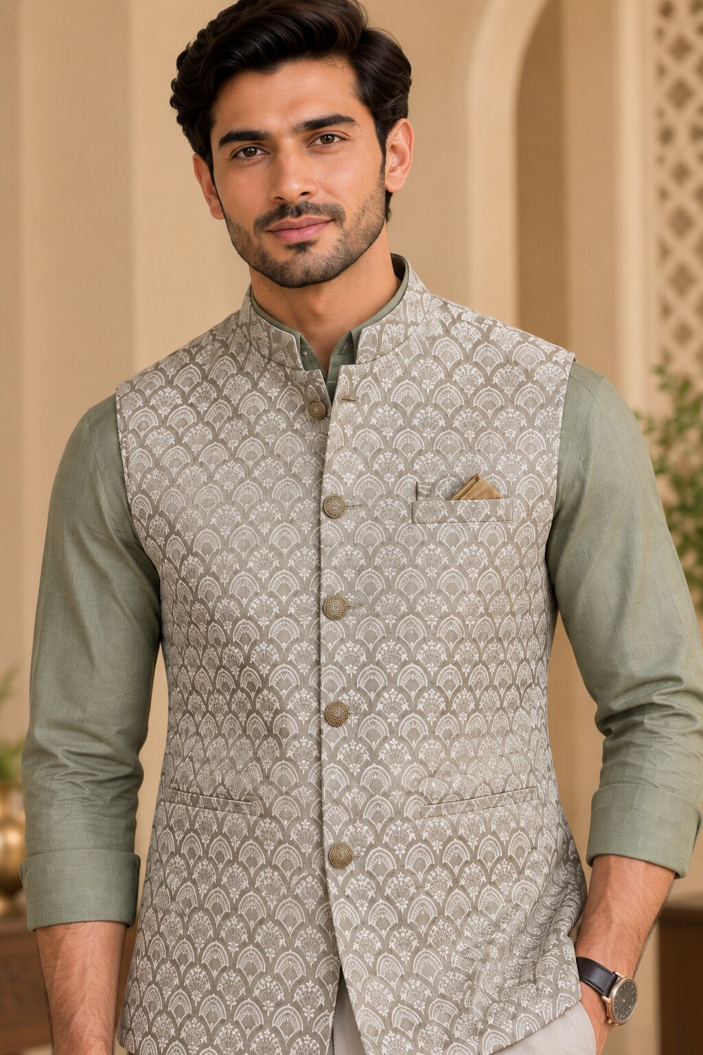 Men’s Light Pista Printed Nehru Jacket Bundi