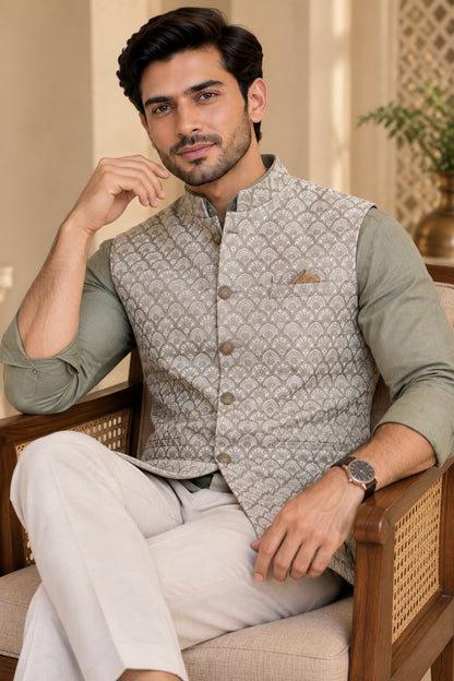 Men’s Light Pista Printed Nehru Jacket Bundi