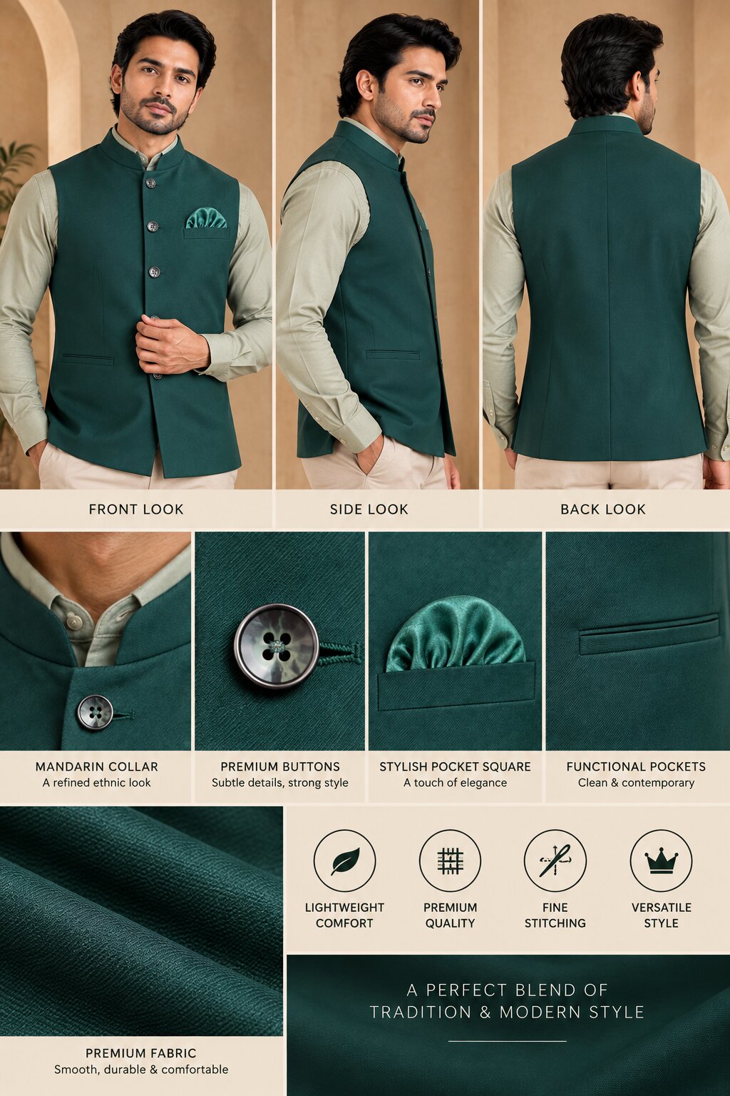 Men’s Bottle Green Nehru Jacket Bundi