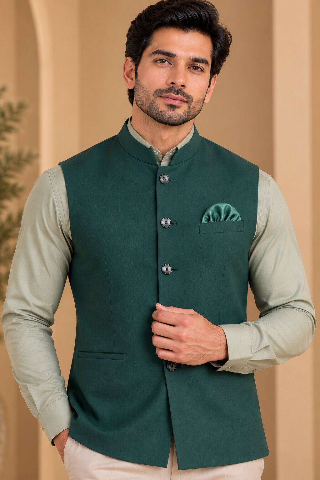Men’s Bottle Green Nehru Jacket Bundi