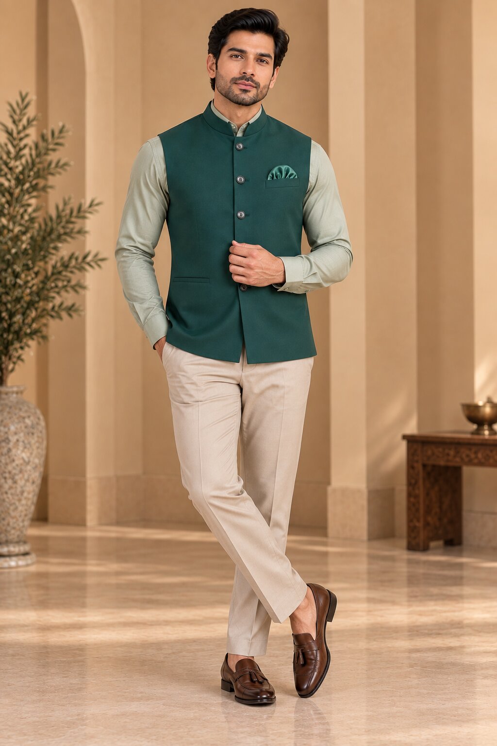 Men’s Bottle Green Nehru Jacket Bundi