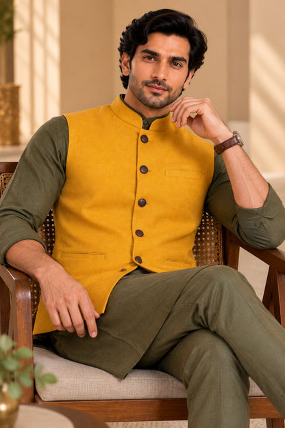 Men’s Yellow Nehru Jacket Bundi