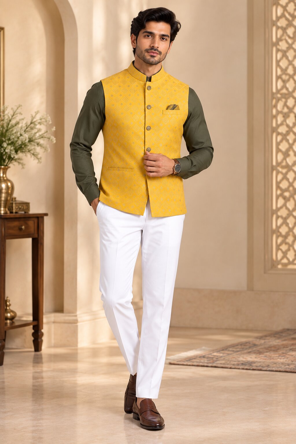 Men’s Yellow Patterned Nehru Jacket Bundi