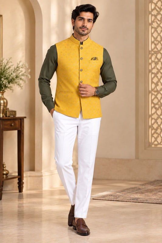 Men’s Yellow Patterned Nehru Jacket Bundi