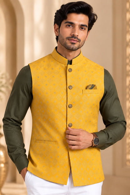 Men’s Yellow Patterned Nehru Jacket Bundi