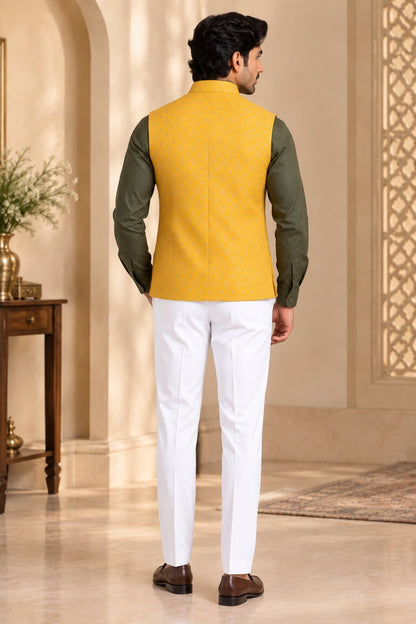 Men’s Yellow Patterned Nehru Jacket Bundi