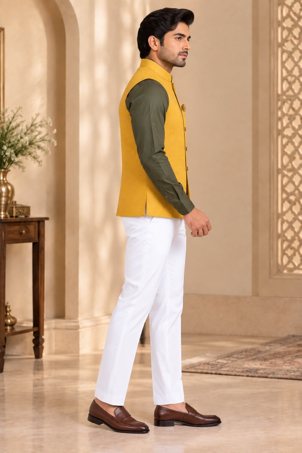 Men’s Yellow Patterned Nehru Jacket Bundi